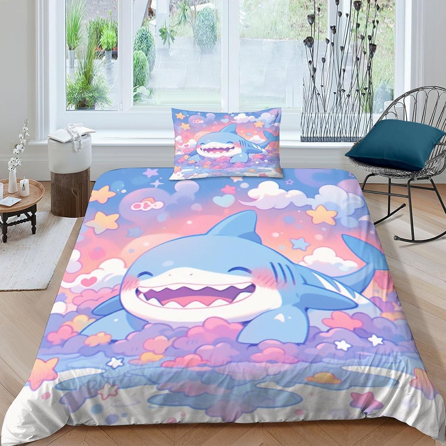 BLUEZY Baby Shark Bed Linen Set, 3D Print Set with Pillowcase and Gifts