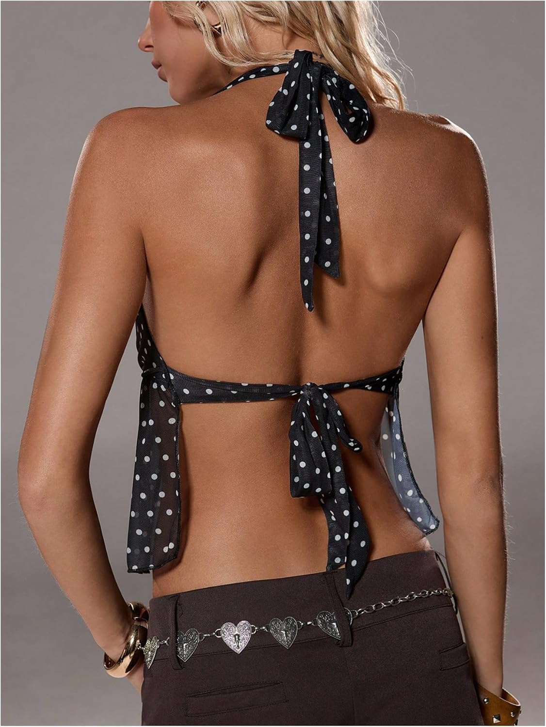 Milumia Women's Y2K Polka Dots Tie Backless Halter Top V Neck Ruffle Hem Peplum Going Out Crop Tank Tops - Image 4