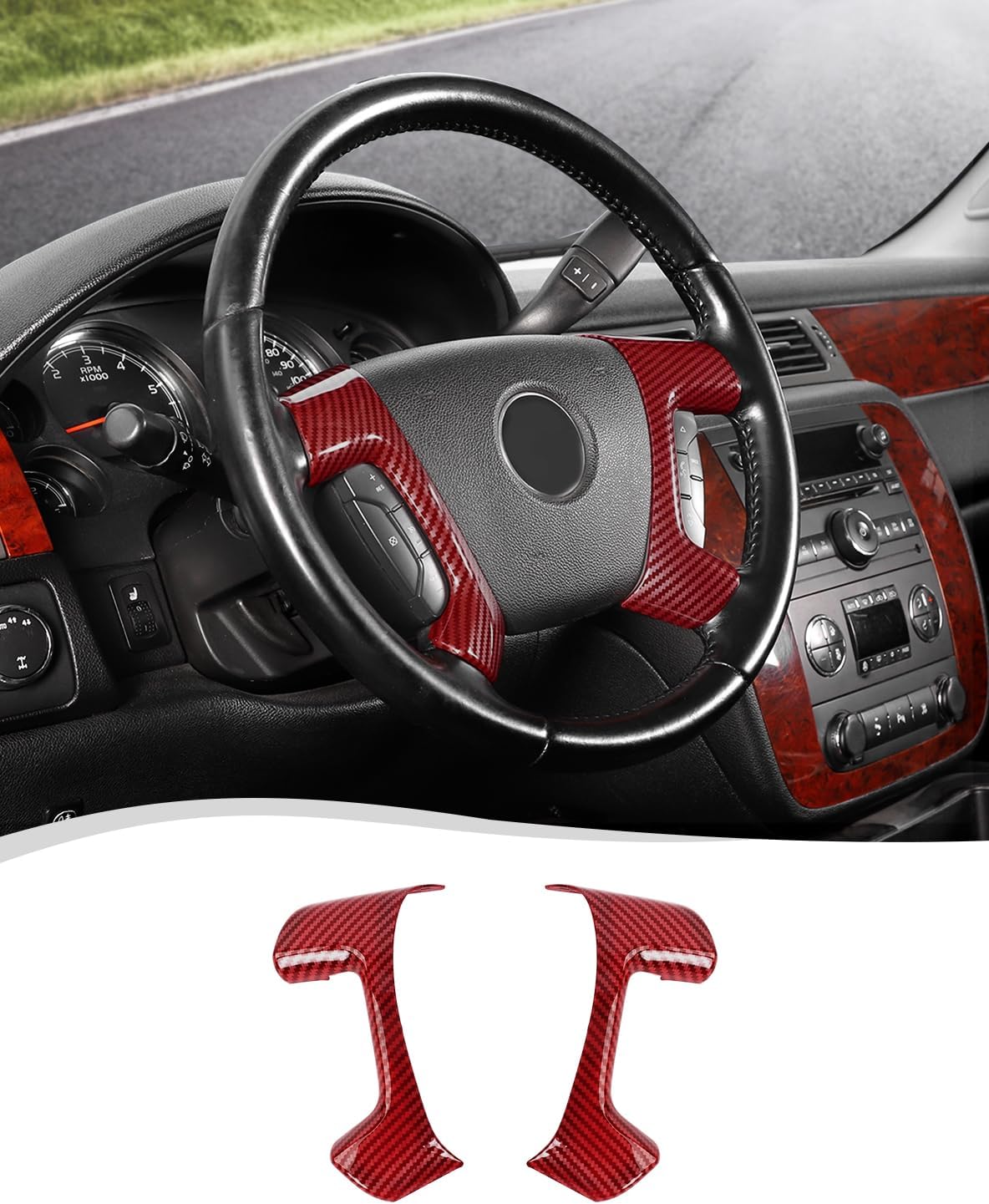 Voodonala Red Carbon Fiber Steering Wheel Panel Trim Cover Compatible with Chevy Silverado/Tahoe/Suburban/Avalanche/Escalade/GMC-Yukon/GMC-Sierra 2007 2008 2009 2010 2011 2012 2013