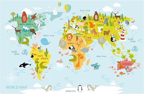 Murwall Papel tapiz infantil con mapa del mundo para niños, mural de pared de animales de dibujos animados, arte de pared, cuarto de bebé,