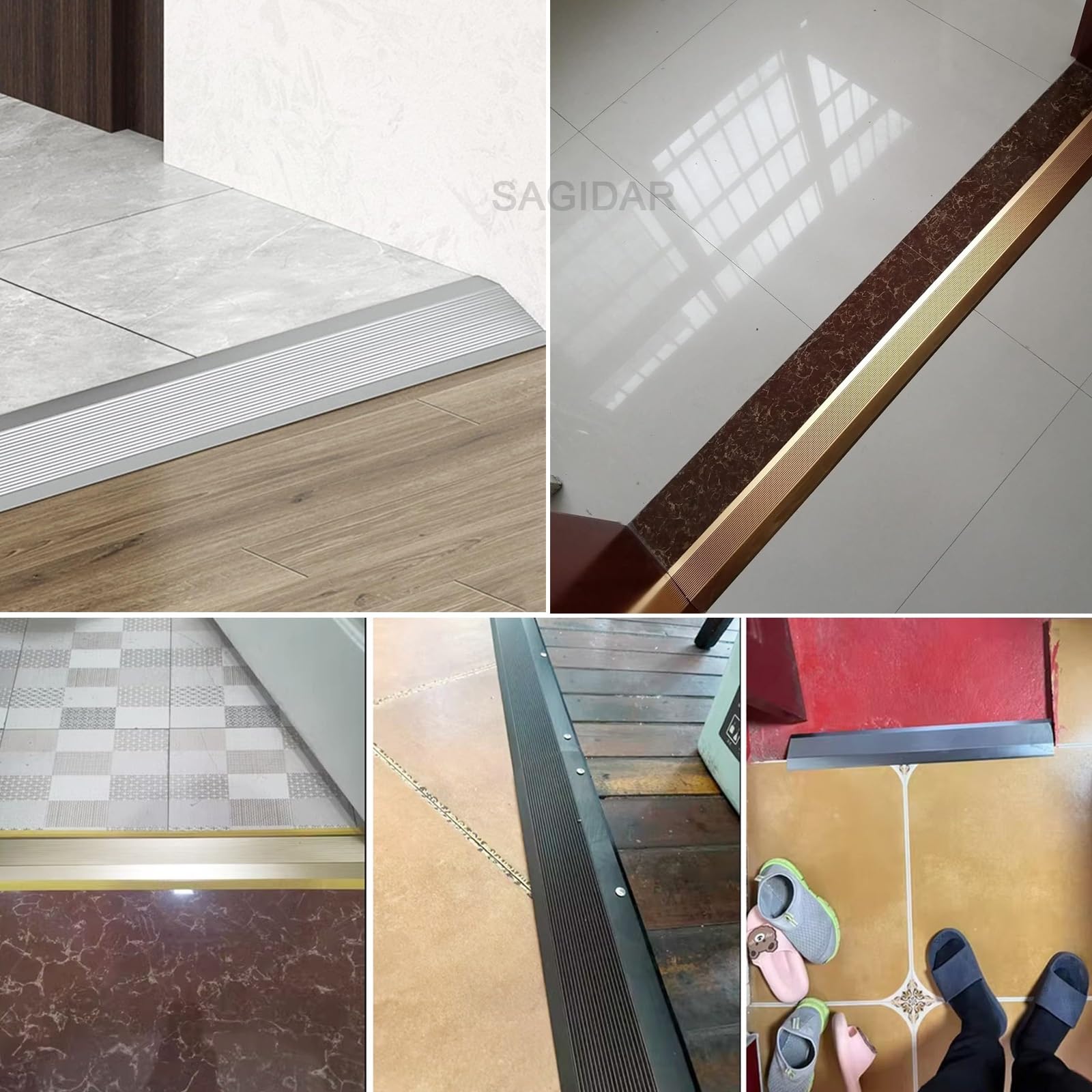 SAGIDAR Barre De Seuil Baguette Recouvrement, Profil Rail De Transition Plate en Aluminium, Bande Transition pour Sol Irrégulier/Bords Tapis, Rampe D'entrée Antidérapantes, pour D'entrée/Balcon