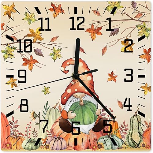 Thanksgiving Wooden Wall Clock Silent Non Ticking, Fall Green Pumpkins Gnomes Maple Tree Leaves Square Wall Clock Battery Operated, Decor Clock for