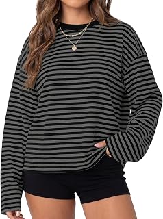 Cioatin Women Oversized Long Sleeve Striped Tee Shirt Tops Y2K Aesthetic Preppy Crewneck Sweatshirt Pullover Fall Outfits