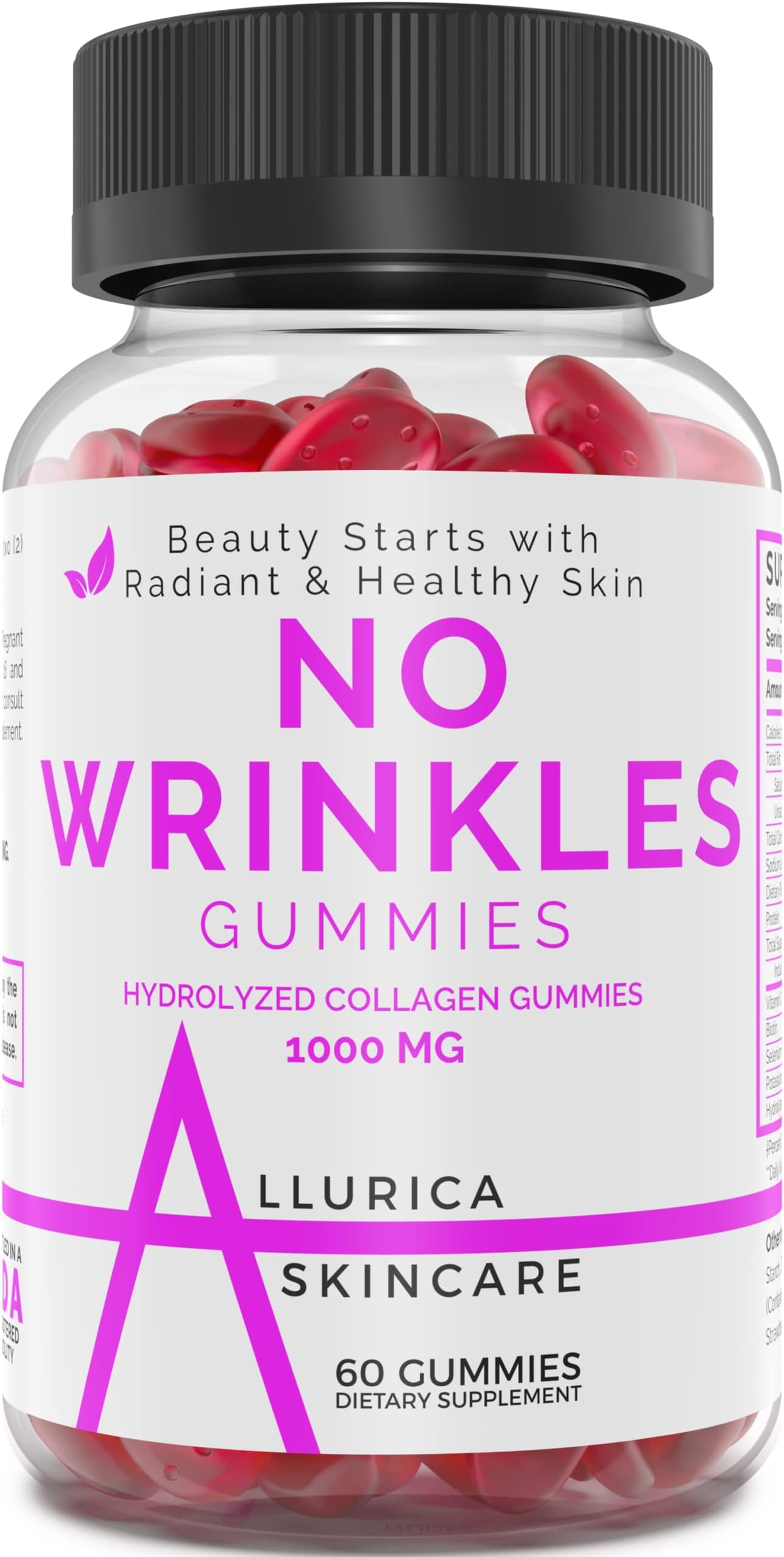 Allurica Collagen Gummies with 24mg Vitamin C and 1000mg Hydrolyzed Collagen - 60 Strawberry Gummy