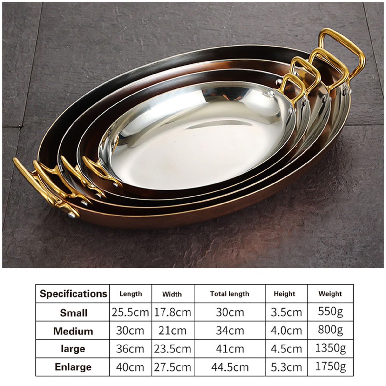 RSBFER Poêle à Paella espagnole Ovale en Acier Inoxydable, Assiette antiadhésive de Homard de Fruits de mer avec poignées Doubles rivetées pour la Maison ou Les Restaurants,C,30cm
