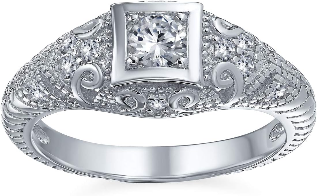 Bling Jewelry AAA CZ Victorian Vintage Art Deco Style Heirloom Milgrain 1CTW Princess Brilliant Solitaire Engagement Ring For Women .925 Sterling Silver