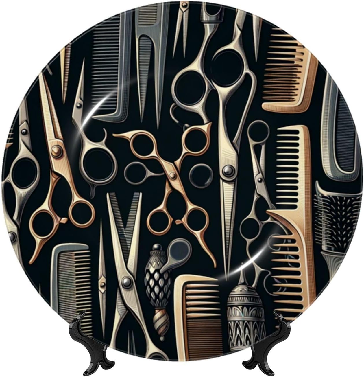 Scissors-Comb-Haircut-Stylist 10 Inch Decorative Plate With Stand, Elegant Display Wall Plate For Home Decor