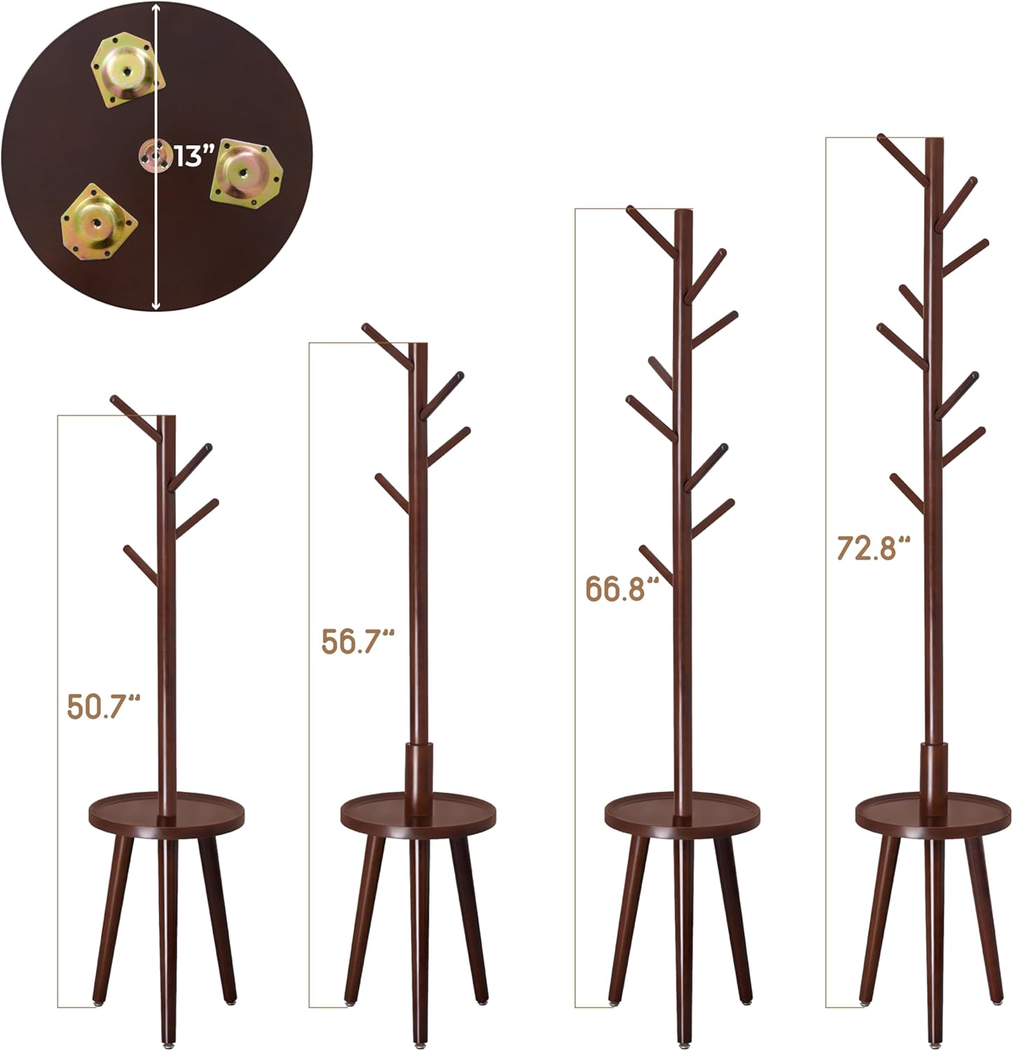 BARIEN Free Standing Wooden Coat Rack Stand, 8 Hooks FreeStanding Hat Racks with Shelf, 4 Height Options 50.7"-72.8", Used To Hang Clothes, Hats, Bags (Brown)