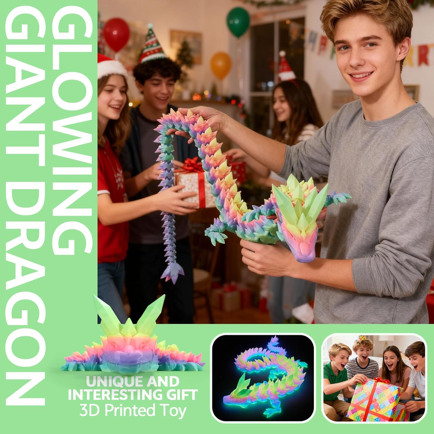 47 ”3D Printed Dragon Large 3D Dragon--Bigger Fidget Toy Gift for Kids, Boys, Girls & Adults,Cool Giant Crystal 3-D Printed Animals Desk Decor，easter basket essentials（47.5in Luminous Rainbow）