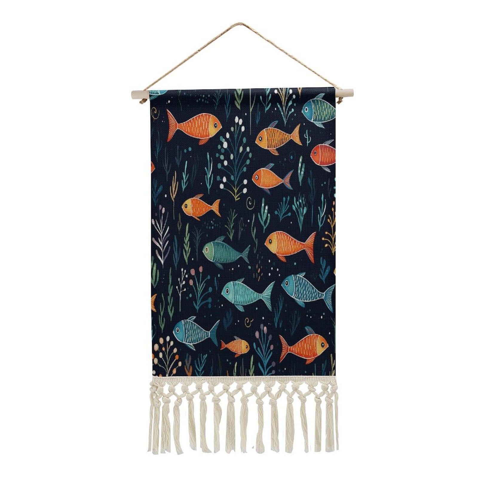 Adfgyerh Style Small Fish Pattern Tapestry With Tassels Cotton And Linen Hanging Posters, Wall Art For Travel Gift, Wall Tapestry For Office Home Decor Bedroom Living Room Decor