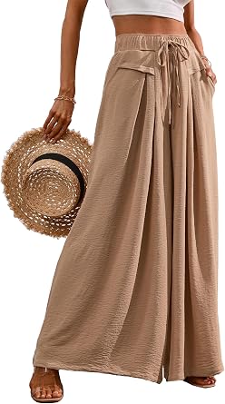 CORSKI Flowy Wide Leg Palazzo Pants for Women Dressy Summer Casual Elastic Waist Lounge Long Trousers with Pocket