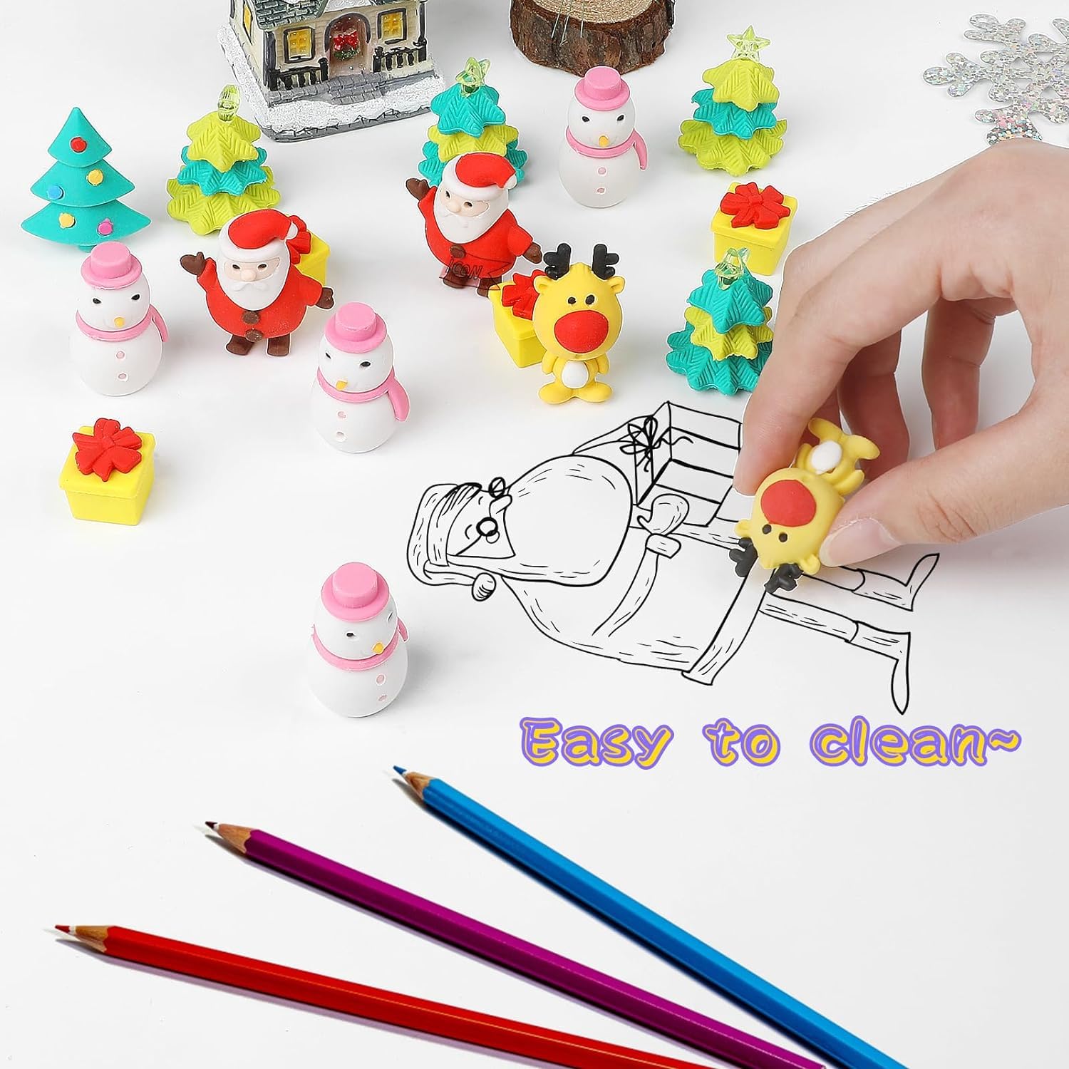 FINGOOO Christmas Erasers for Kids 30 Pcs Cute Santa Reindeer Snowman Xmas Tree Gift Box Erasers for Christmas Party Bag Filler - Image 4