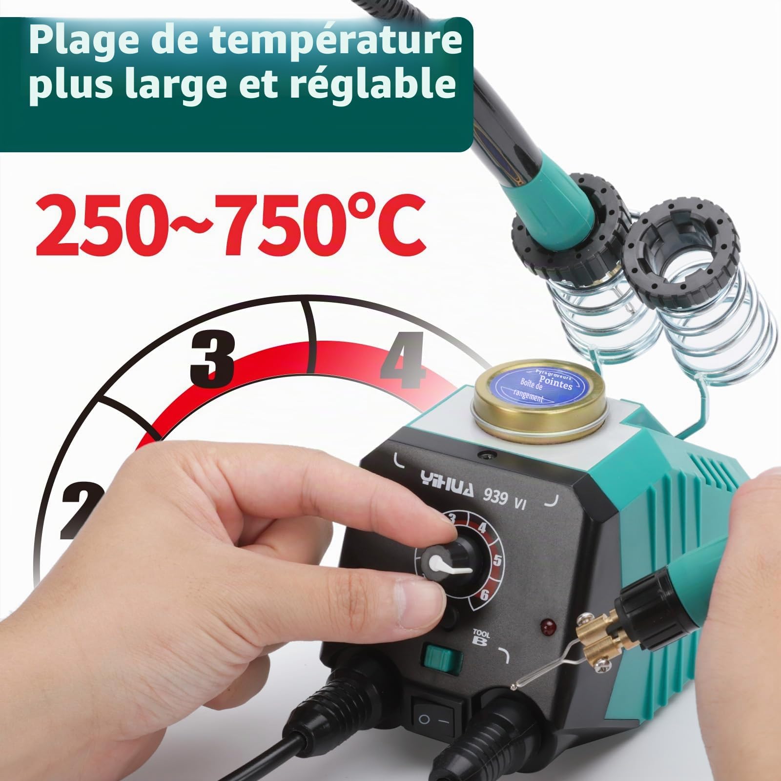YIHUA 939-VI Kit de Pyrograveur sur Bois à Deux Stylos avec 23 Pointes en Fil de Formes Variées Stylo de Pyrogravure Détachable 6 Morceaux de Bois 6 Pochoirs comme Outil de Pyrograveur Bois(EU Plug)