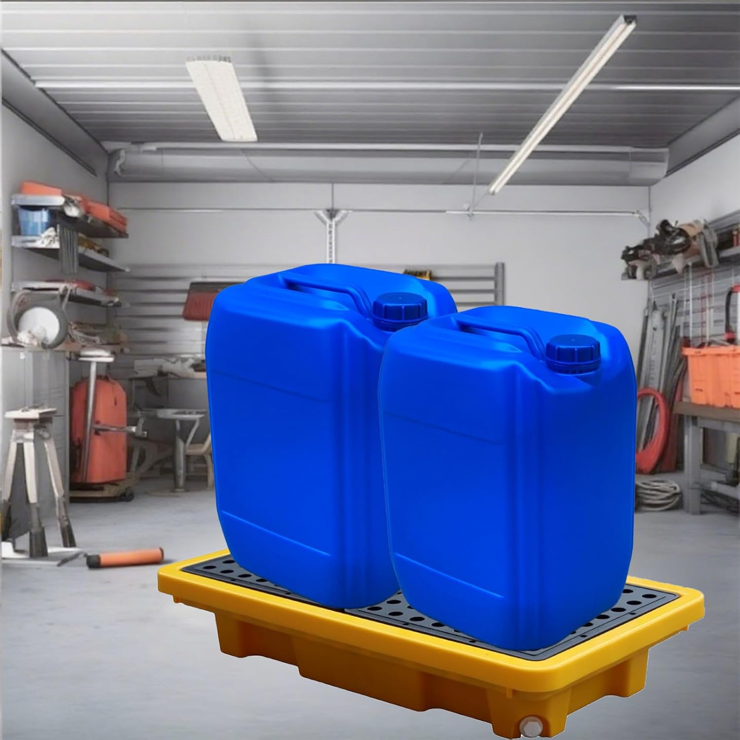 Polyethylene 2 Drum Spill Containment Pallet with Drain Outlet, 26”x14”x4.7” Leakproof Platform, 2000lbs Load Capacity Stackable Detachable Tray for Garage, Kitchen, Basement & Industrial Storage