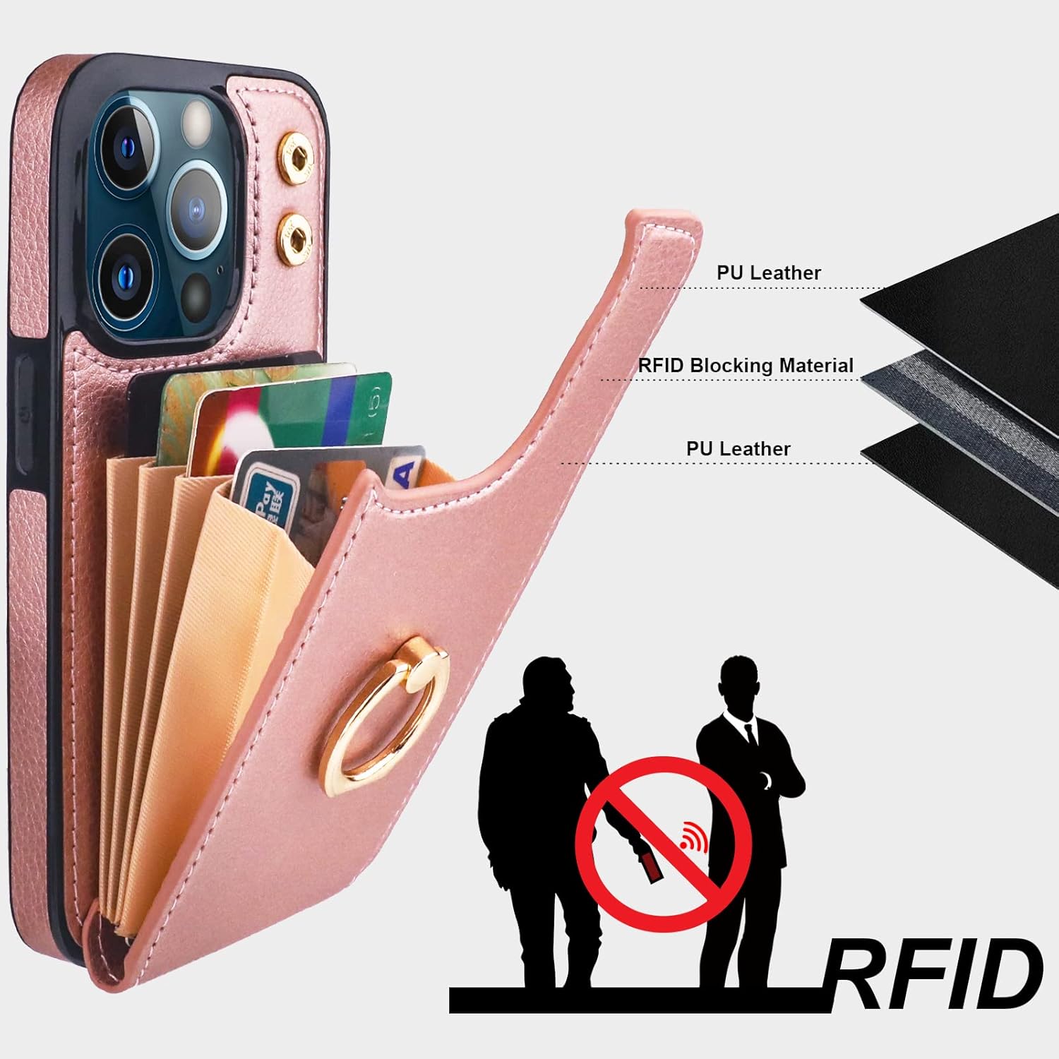 Folosu Compatible with iPhone 13 Pro Case Wallet with Card Holder, 360°Rotation Finger Ring Holder Kickstand Protective RFID Blocking PU Leather Double Buttons Flip Cover 6.1 Inch Rose Gold - Image 5