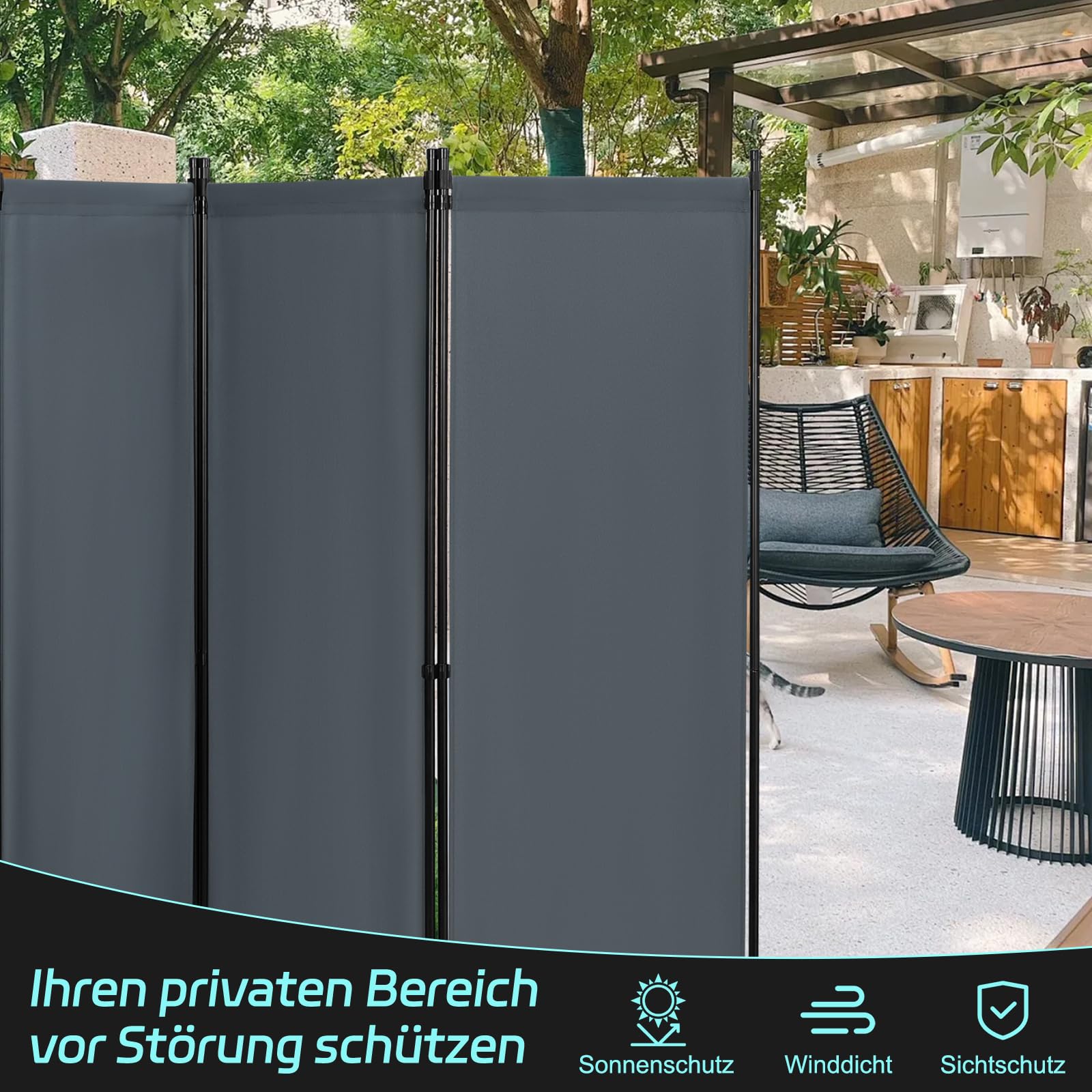 WOLTU Paravent 4 Teilig 224x182 cm Dunkelgrau, Raumteiler Freistehend Trennwand und Klappbar, Sichtschutz Spanische Wand für Innen- und Außenbereich, Ideal für Wohnzimmer, Balkon und Garten