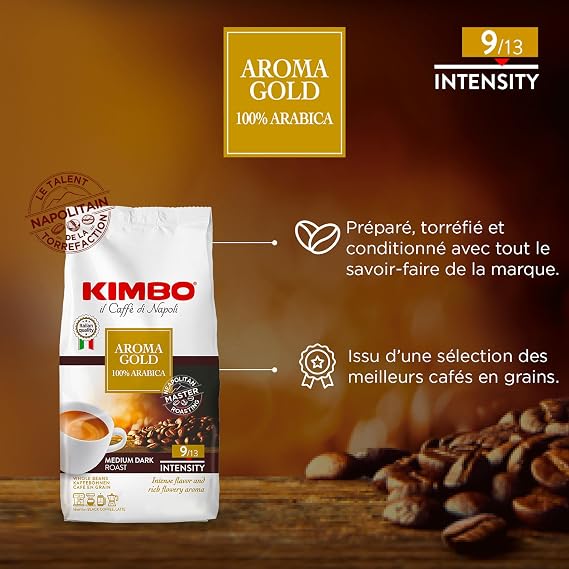 Kimbo Aroma Gold 100% Arabica Whole Bean Coffee | Medium Dark Roast with Chocolate Flavor | 9/13 Intensity | Blended & Roasted in Italy | 17.6 oz (500g) Bag