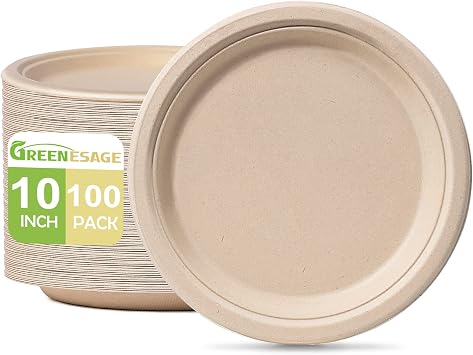 Compostable Paper Plates 10 Inch, 100 Pack Disposable Plates
