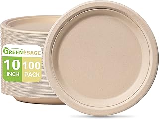 Paper Plates 10 inch, 100 Pack Paper Plates Bulk, 100% Compostable Plates Eco Friendly Disposable Plates, Large Paper Plates Heavy Duty, Brown Paper Plates