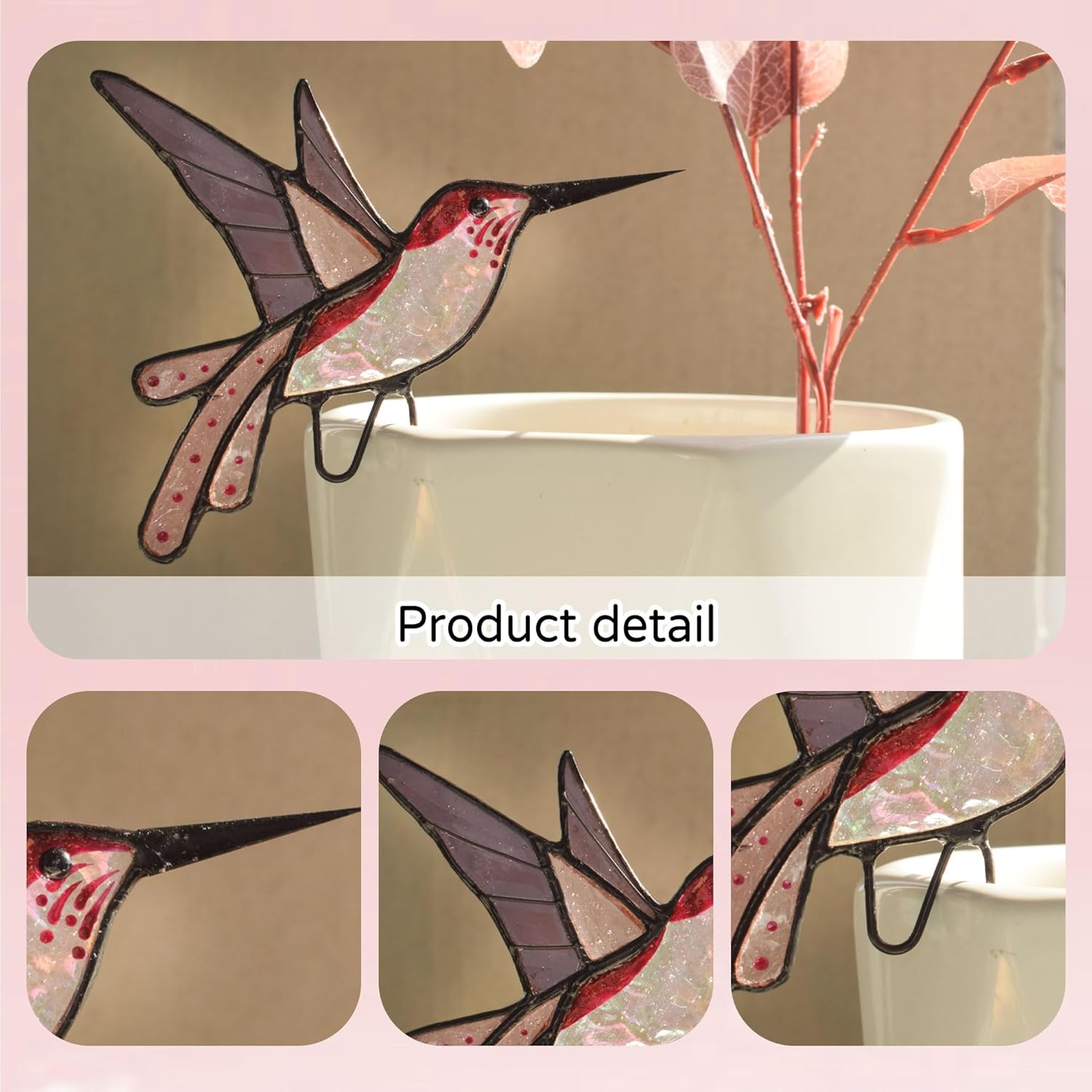 Lolitarcrafts Stained Glass Hummingbird Suncatcher for Planter Decoration – Colorful Glass Plant Pot Ornament, Ideal as a Gift for Christmas or Other Occasions (Purple A) - Image 3