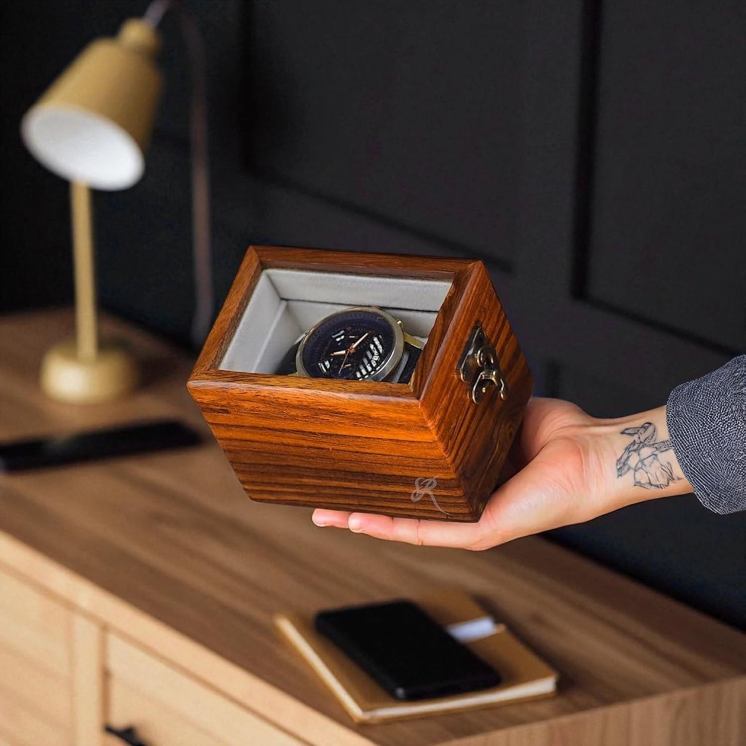 Superior Rosewood Single watch box case for men, Box for precious watch, Microsuede lined Interior with handmade watch pillow, Best Travel Mens Watch Box Case In Wood, Best Gift for Him (One room)