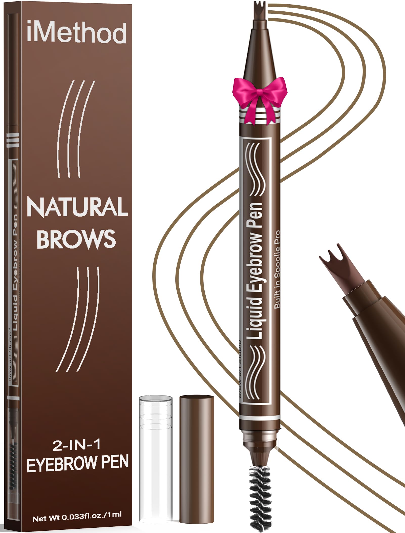 iMethod Microblading - Lápiz de cejas 2 en 1 con dos extremos para mujer, 3 puntas y cepillo Spoolie, cejas naturales parecidas al cabello, para todo el día, color marrón