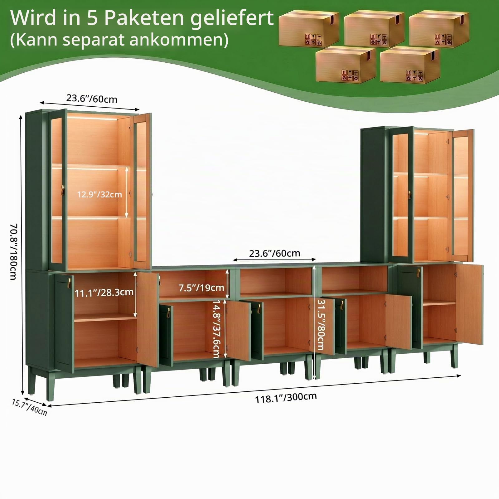 VOWNER TV-Möbel, 240 cm, TV-Schrank mit Glastüren und Regalen, Wohnzimmermöbel mit integriertem LED-Licht für Fernseher bis 127 cm, moderner Aufbewahrungsschrank (Grün, 5 Stück)
