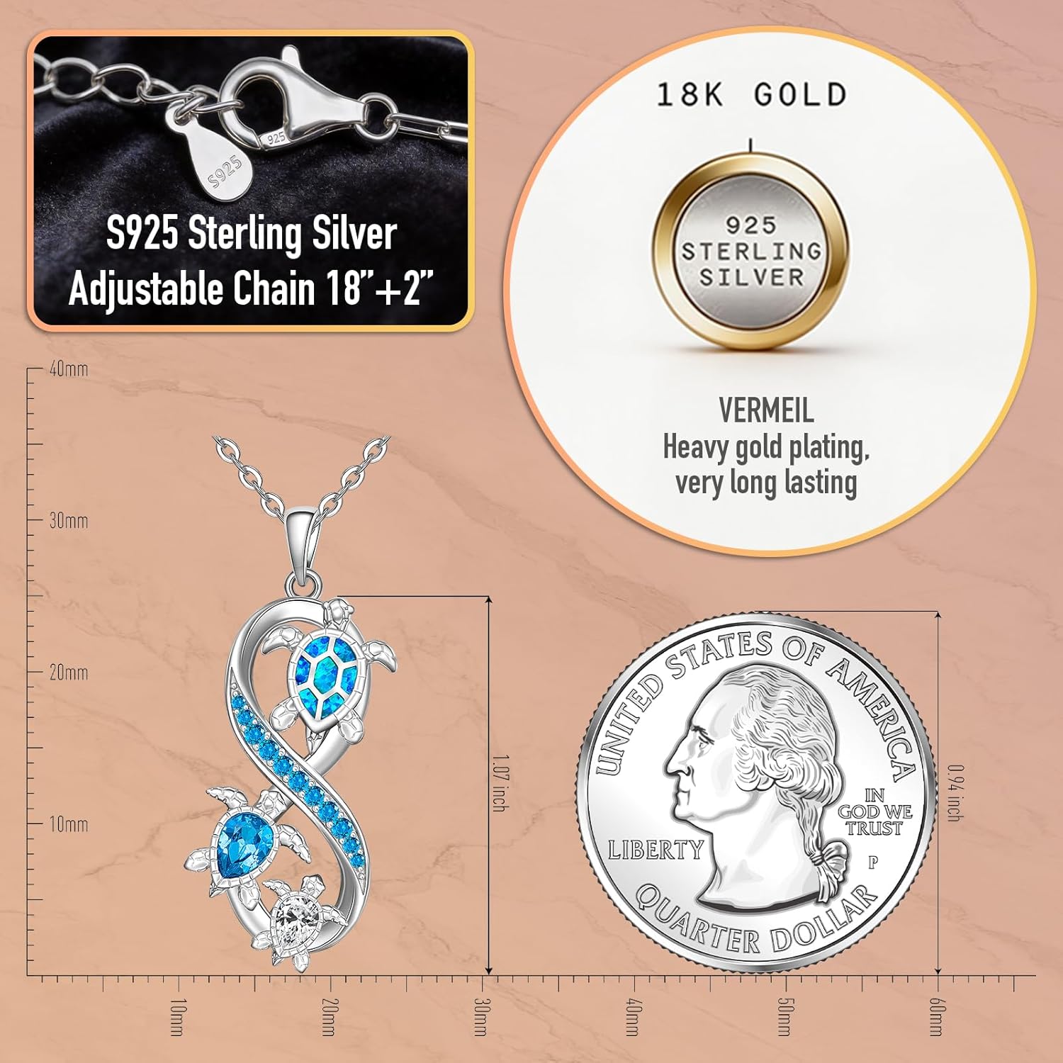 Fenthring Sea Turtle Necklace for Women Sterling Silver Infinity Pendant Ocean Wave Jewelry Christmas Mothers Day Gifts for Mom