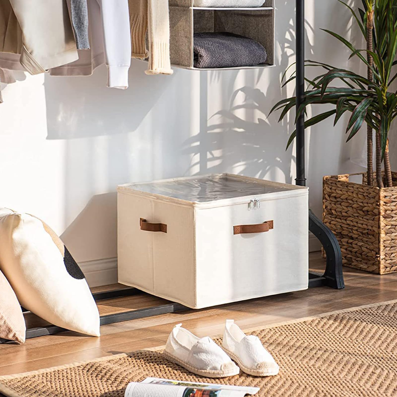 Emboadlie, organizer per scarpe in tessuto, 2025, per fino a 16 paia, contenitore per scarpe, con divisori regolabili e copertura trasparente (grigio)