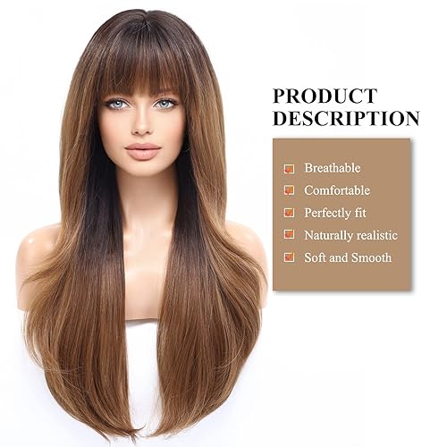 Miniatura 2 de HAIRCUBE Pelucas largas marrones para mujer peluca de cabello sintético con flequillo