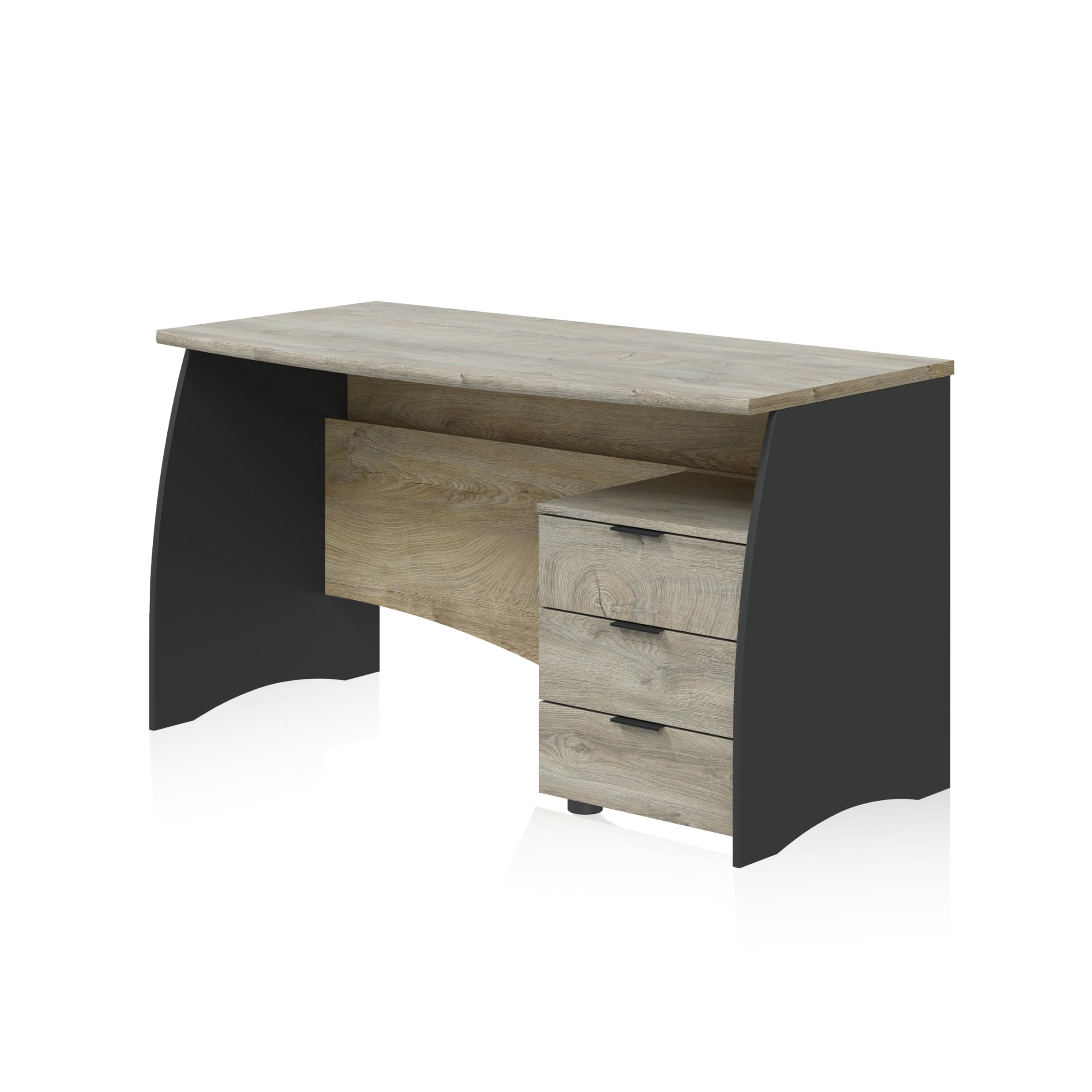 duehome | Mesa de Despacho con 3 Cajones, Mesa de Oficina o Estudio, Modelo Elan, Acabado en Gris Antracita y Roble Alaska, Medidas: 136 cm (Ancho) x 67 cm (Fondo) x 74 cm (Alto)