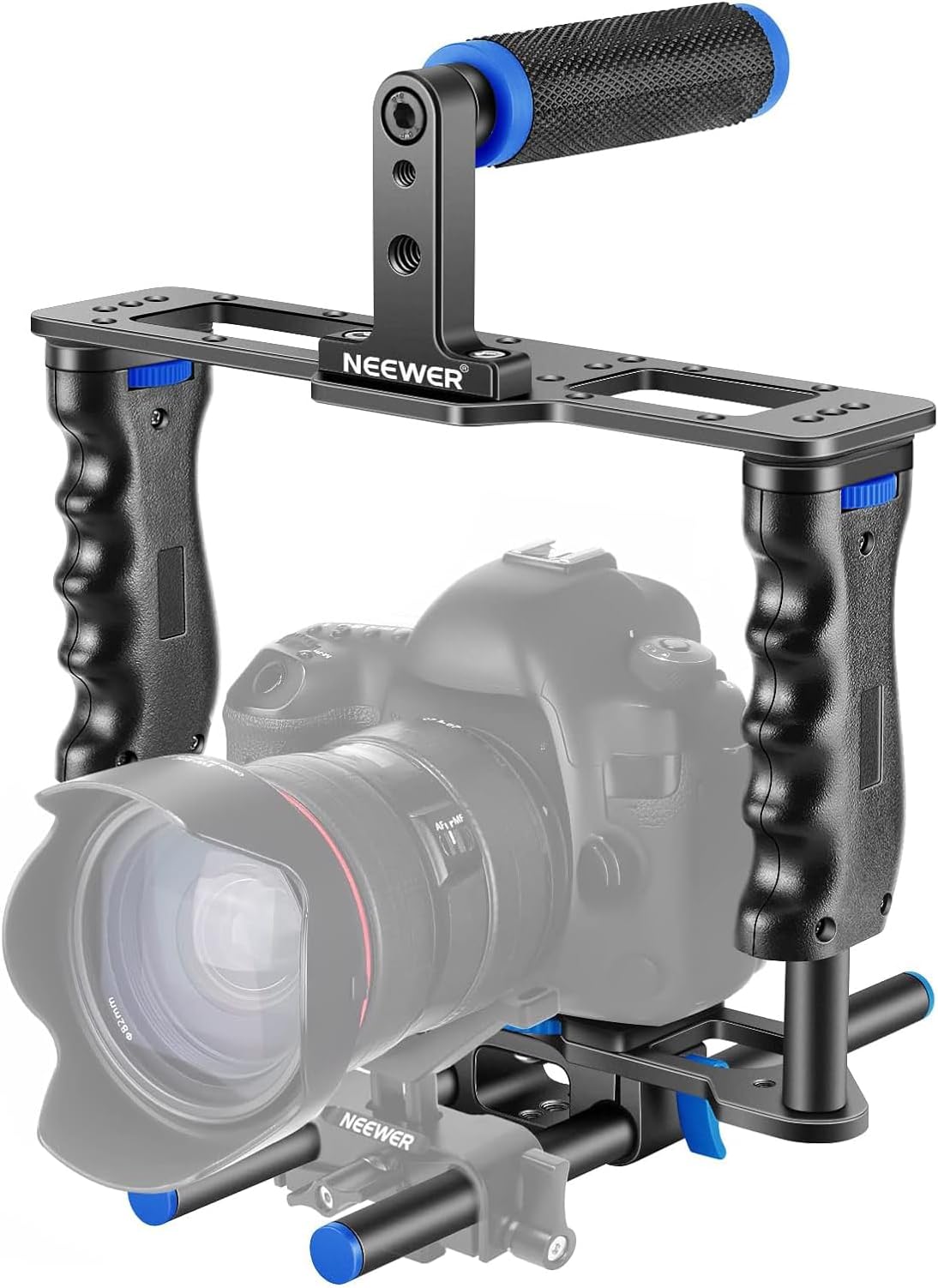 Camera Video Cage Film Movie Making Kit, Aluminum Alloy with Top Handle, Dual Hand Grip, Two 15mm Rods, Compatible with Canon Sony Fujifilm Nikon DSLR Camera and Camcorder (Black + Blue)