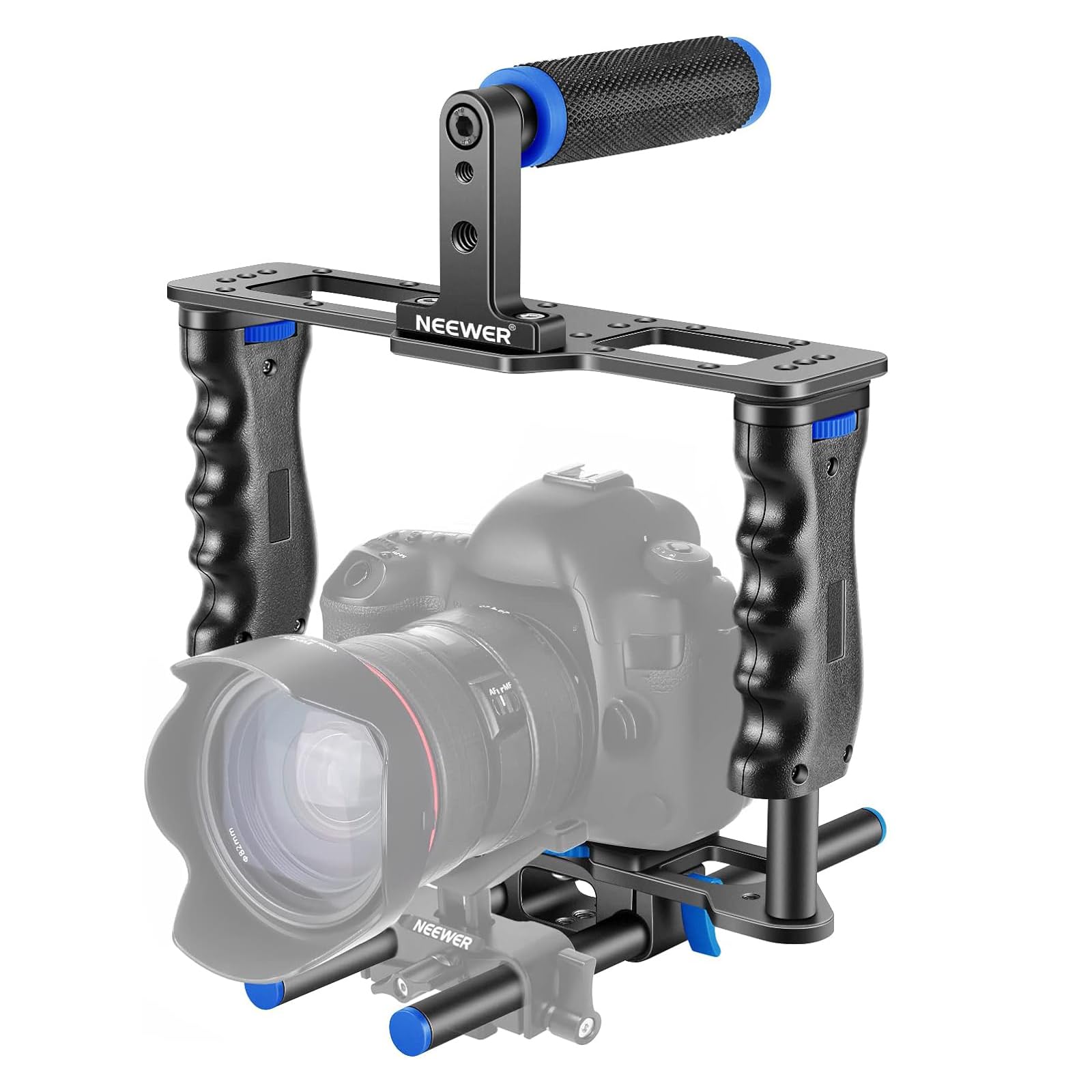 NEEWER Camera Video Cage Film Movie Making Kit, Aluminum Alloy with Top Handle, Dual Hand Grip, Two 15mm Rods, Compatible with Canon Sony Fujifilm Nikon DSLR Camera and Camcorder (Black + Blue)