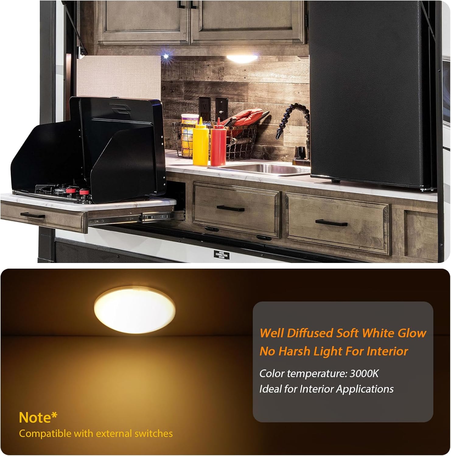 Dream lighting RV Interior Lights, 3.5inch LED Puck Light for Trailer Boat Kitchen Ceiling Under Cabinet, 12V 3.7W, 235 Lumens 3000K Lighting Fixtures, Non-Switch, Surface Mounting (4 Lights)