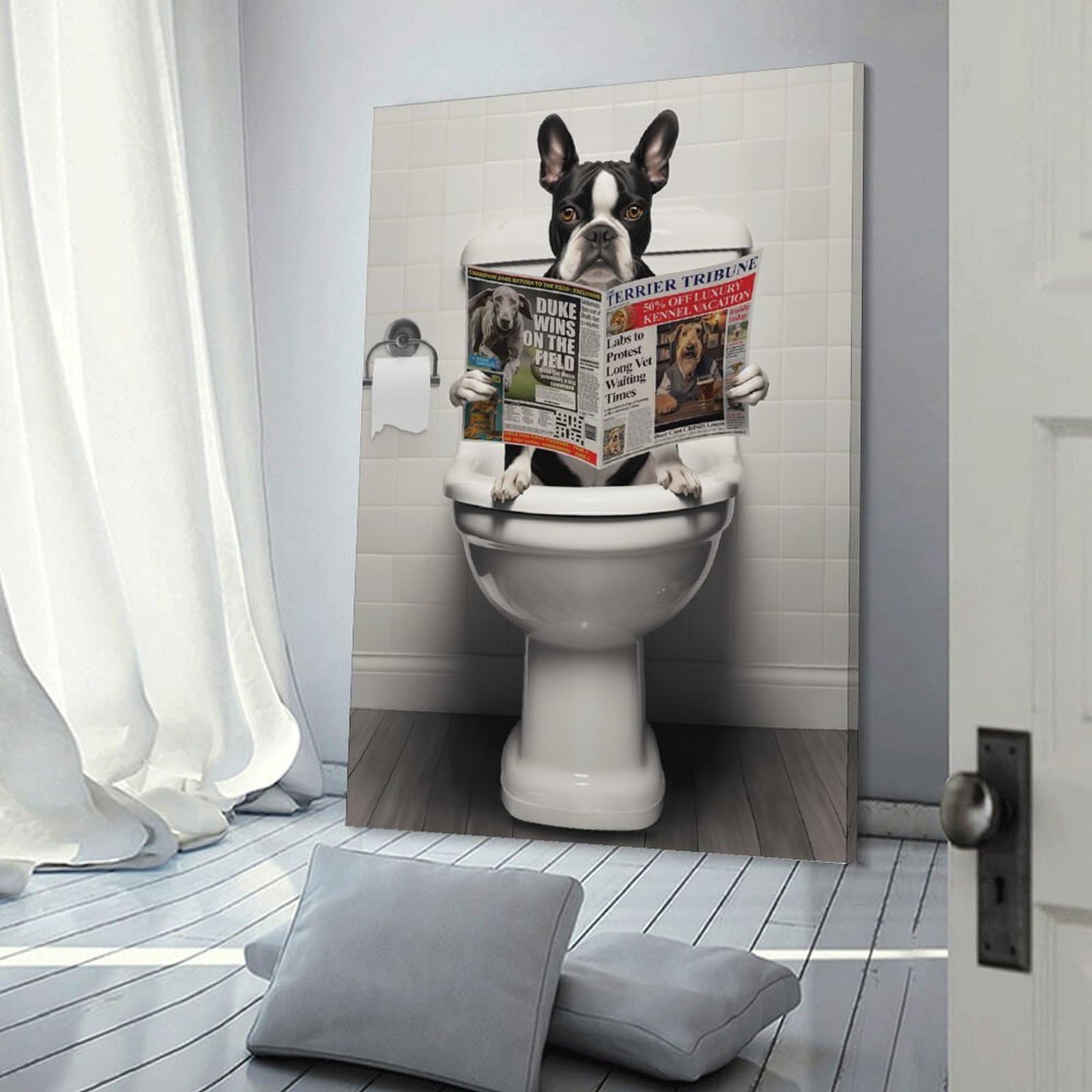 Junmoney Frame-Style Boston Terrier On Toilet Canvas Wall Picture, 16X24inch(40X60cm), For Study, Office Or Focused Interiors, Home Office Artwork With Decorative Appeal