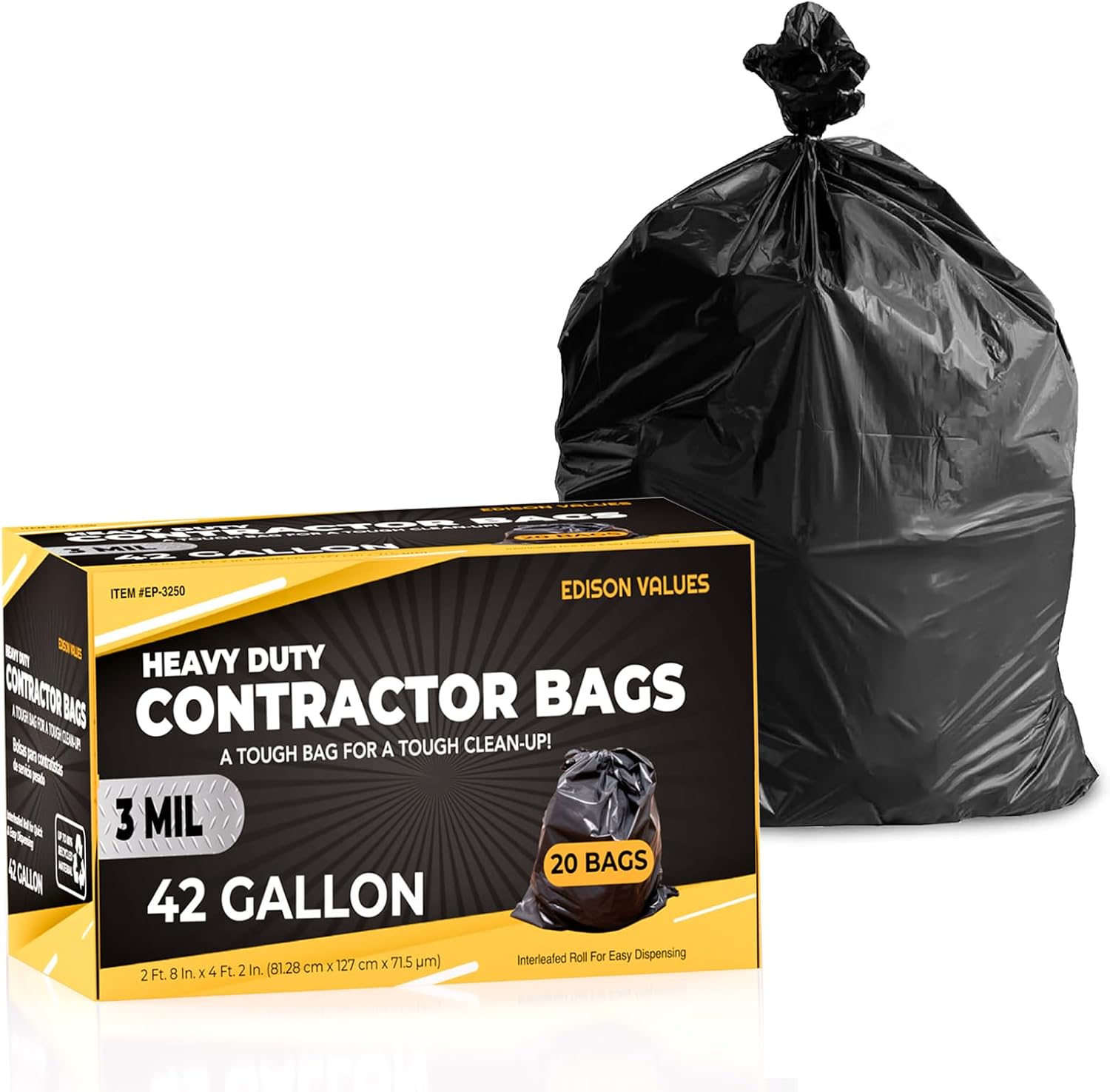 Contractor Garbage Bags 42 Gallon - Pack Of 20 Black 3 mil Strength Heavy Duty Trash Bags Garbage Bags, 32”X46” Heavy Duty Plastic Construction Contractor Bags - Trash Can Liners