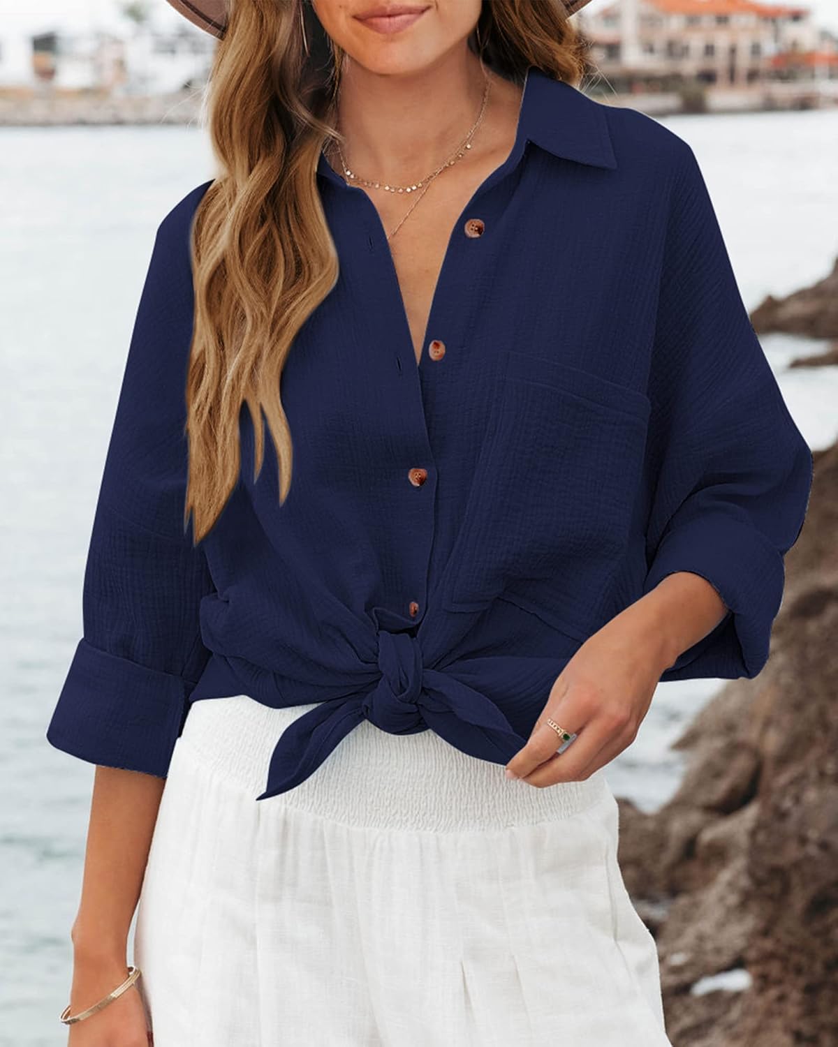NOLLSOM Casual Shirts for Women Long Sleeve Button Down Blouses Spring 2026 Solid Color Trendy Tops with Pocket - Image 2