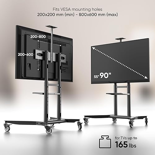 Miniatura 3 de ONKRON Soporte de TV móvil con ruedas para televisores de 55 a 90 pulgadas de hasta 198 libras, soporte portátil de TV de altura ajustable, VESA 200