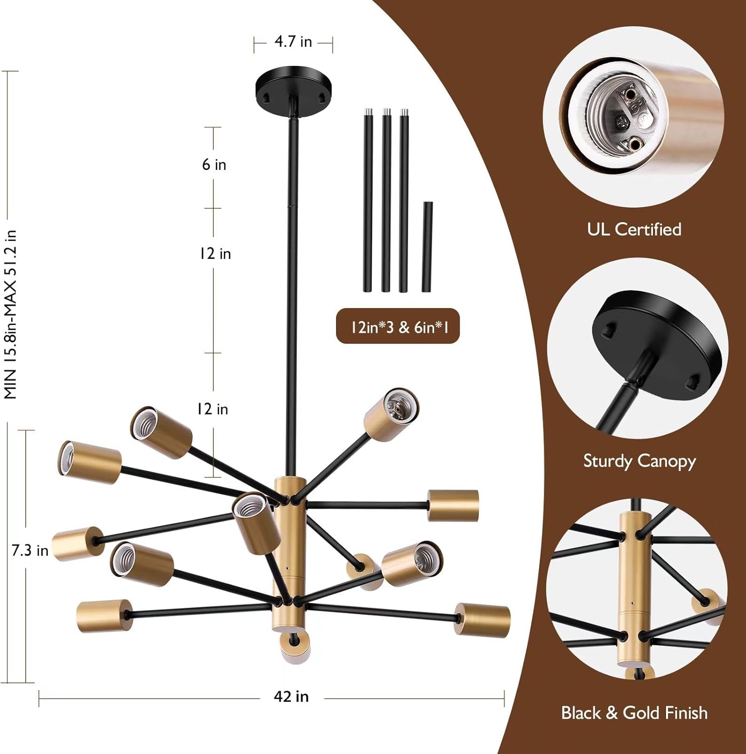 12-Light Black and Gold Sputnik Metal Chandelier