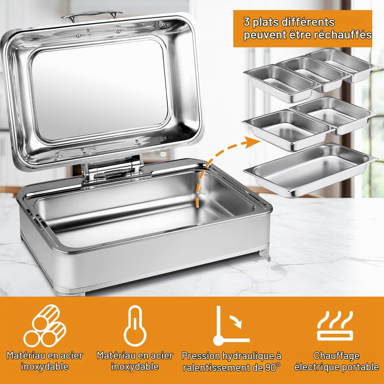 9L Chafing Dish Electrique, Chauffe-Plats Électrique Buffet Server, Acier Inoxydable Buffet Chauffant pour Restauration, Buffet fêtes, Température Réglable 30-85°C (1/3)