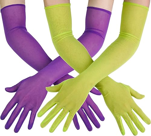 Luwint Long Opera Sheer Gloves, Green & Purple (2 Pairs) - Elbow Length Mesh Tul