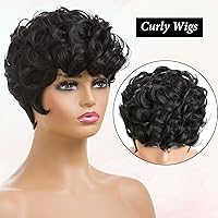 Vista 4 de Pelucas cortas de corte Pixie negro natural para mujeres negras, pelucas de cabello rizado de repuesto, peluca corta negra en capas con flequillo