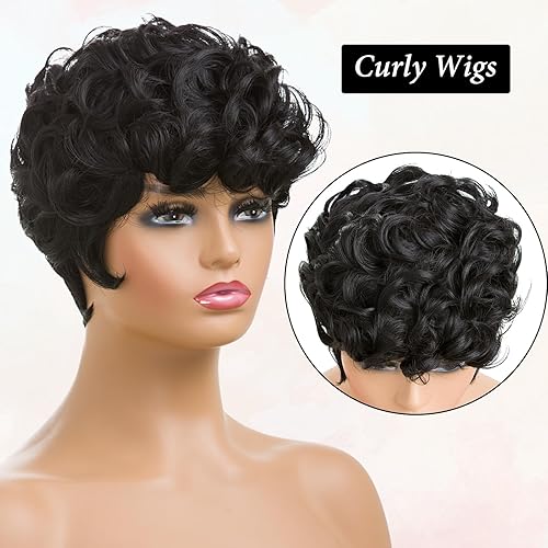 Miniatura 4 de Pelucas de corte pixie corto negro natural para mujeres negras, pelo rizado, pelo corto negro en capas onduladas con flequillo para mujeres negras