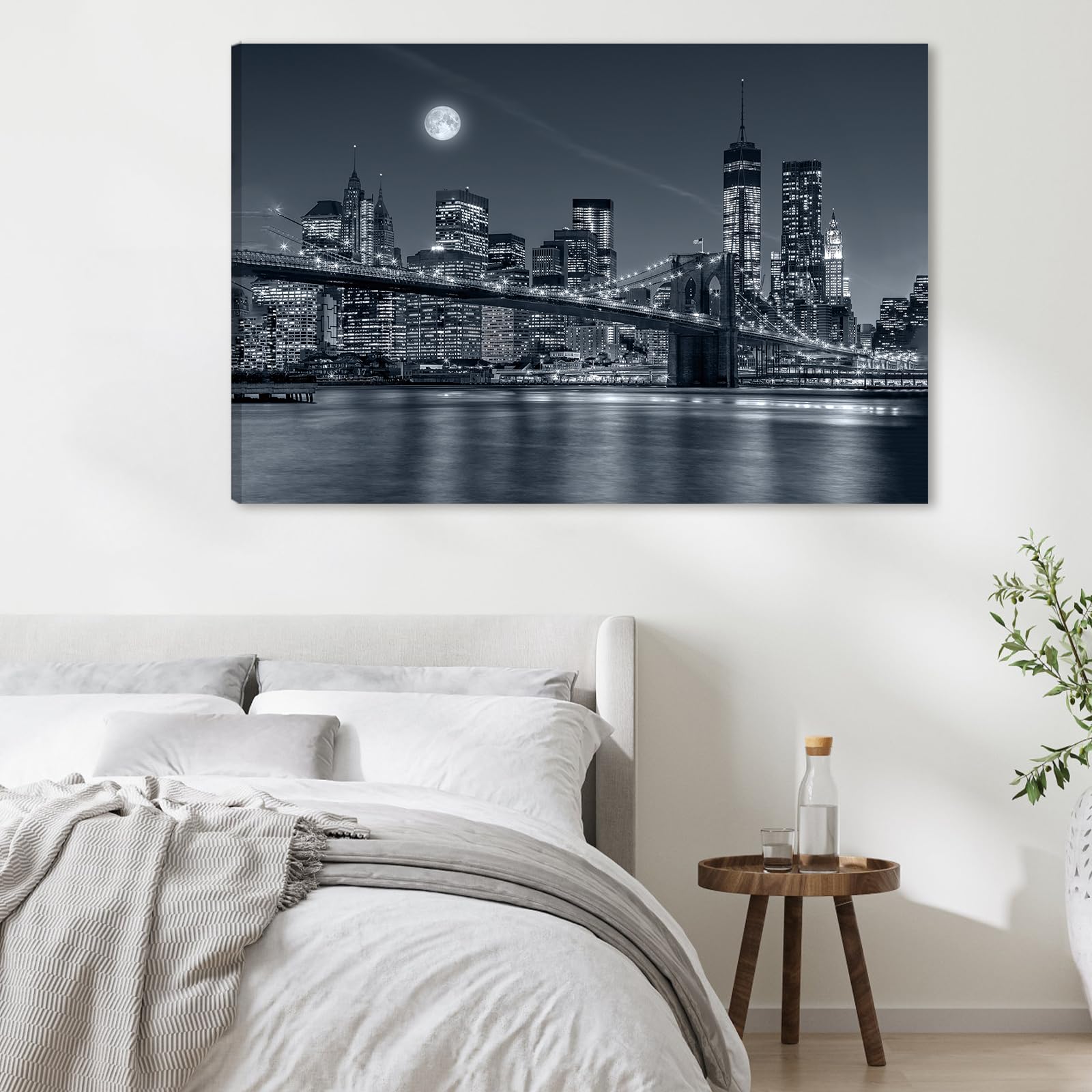 CHDITB Bustling City Wall Art,Modern City Night Scene Canvas Prints,Black and White Urban bridge Canvas Prints,New York Brooklyn Bridge Artwork,Cityscape Poster For Living Room Bedroom Office(59*39cm) - Image 4