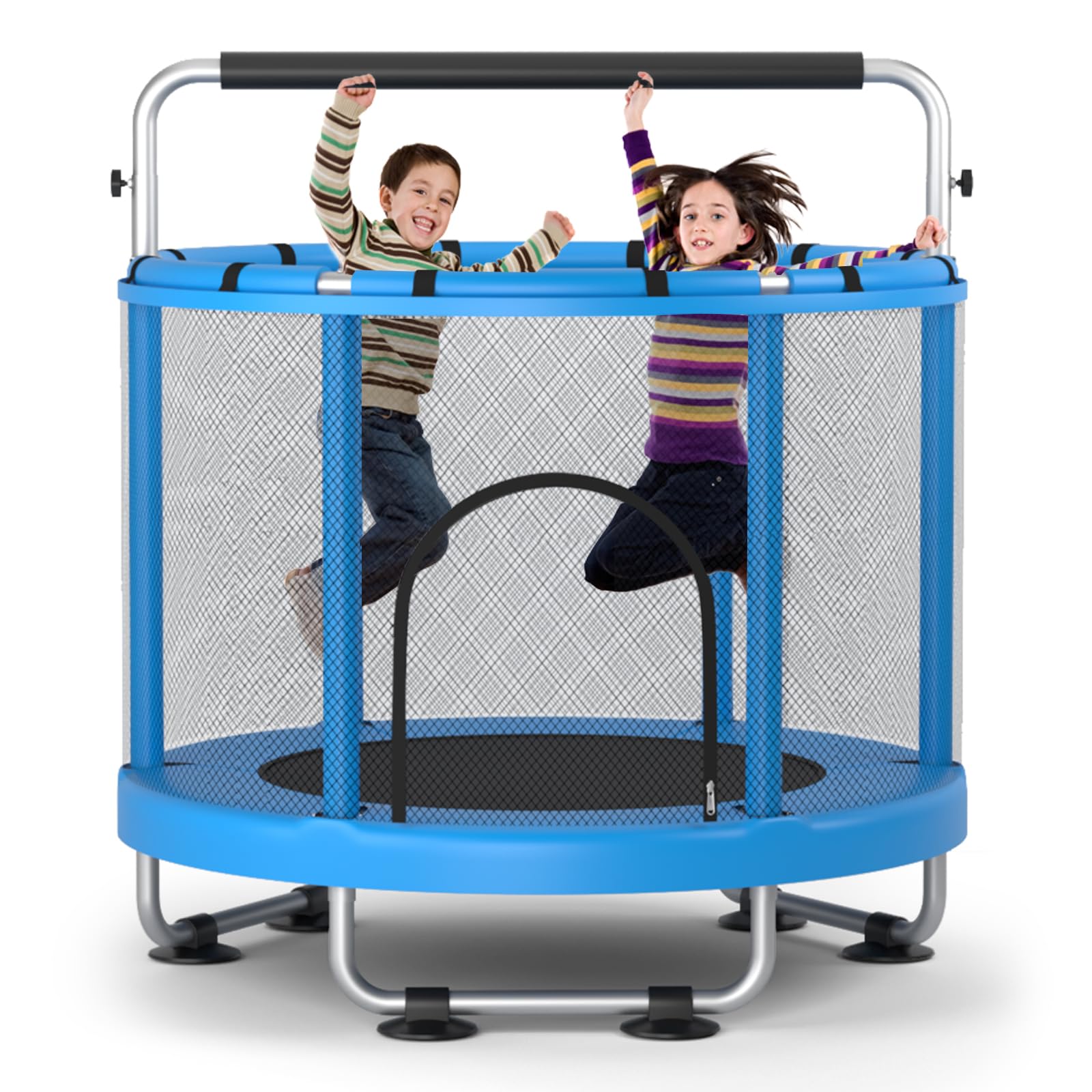 ZCMHAXJ Ø140 cm Trampolin Kinder mit Sicherheitsnetz – 200 kg Tragkraft, Trampolin Indoor/Outdoor – Mit höhenverstellbarer Turnstange & 5 Spielzeugen