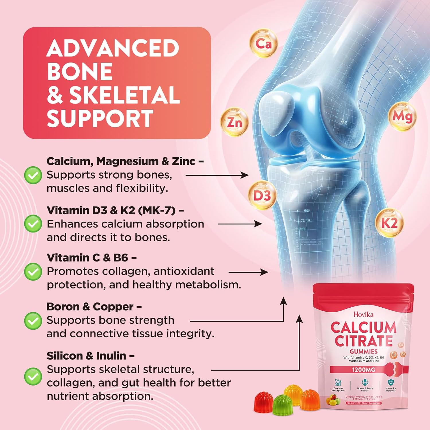 Calcium Citrate Gummies Supplements for Women & Men, Calcium 1200mg with Vitamin D3, K2, Magnesium, Zinc, Boron, Silicon for Bone, Muscle Healthy & Immune, Sugar Free, Mixed Fruits Flavors, 120 Count