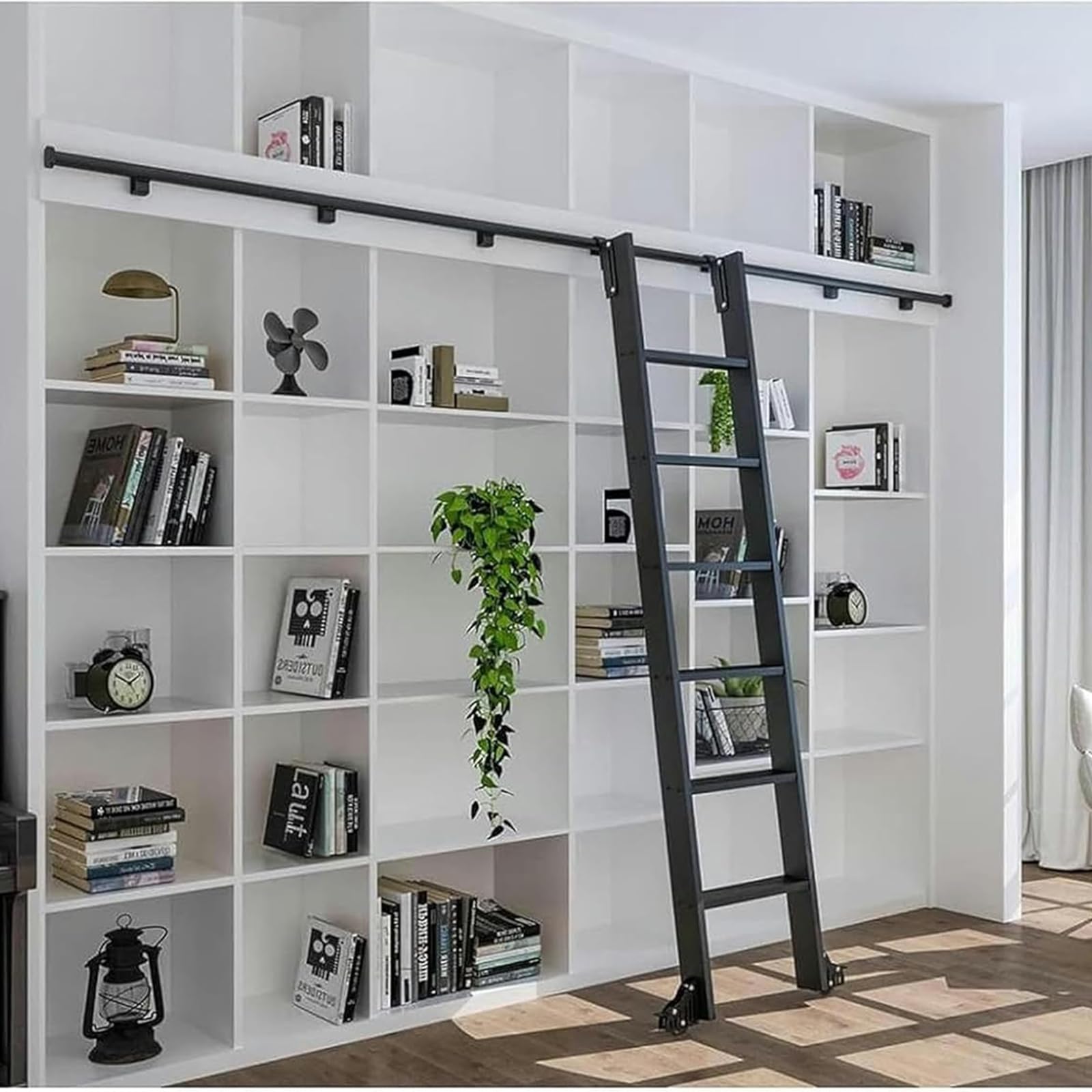 Generisch Rollleiter Vollset Für Bibliothek - Einziehbare Rollende Bibliotheksleiter Mit Bodenrolle Und Bremse Für Zuhause, Innenraum, Loft, Bibliothek (Keine Leiter)(Size:3.3ft/100cm Track Kit)