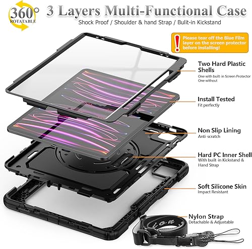 Miniatura 8 de SEYMAC stock Funda para iPad Pro de 12.9'' 2022202120202018 con protector de pantalla giratorio 360 y correa de mano, funda a prueba de caídas para