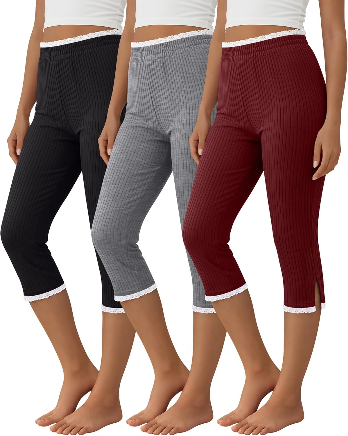3 Pack Womens Cotton Capri Leggings Ribbed Slim Fit Capris Casual Basic Stretchy Workout Yoga Crop Pants