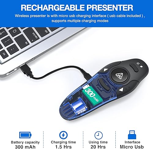 Vista 26 de Presentación recargable Clicker Presentador inalámbrico Control remoto USB PowerPoint PPT Clicker, puntero láser verde RF 2.4GHz Presentador remoto